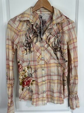 Johnny Was J3 Workshop Embroidered Horse Western Plaid Shirt Boho Small